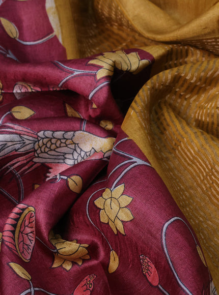 Pure tussar silk saree maroon and mustard yellow with allover kalamkari prints and zari woven border