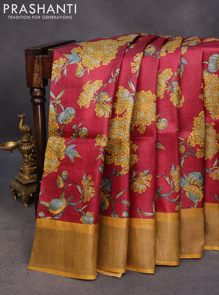 Pure tussar silk saree maroon and mustard yellow with allover kalamkari prints and zari woven border