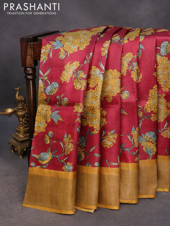 Pure tussar silk saree maroon and mustard yellow with allover kalamkari prints and zari woven border