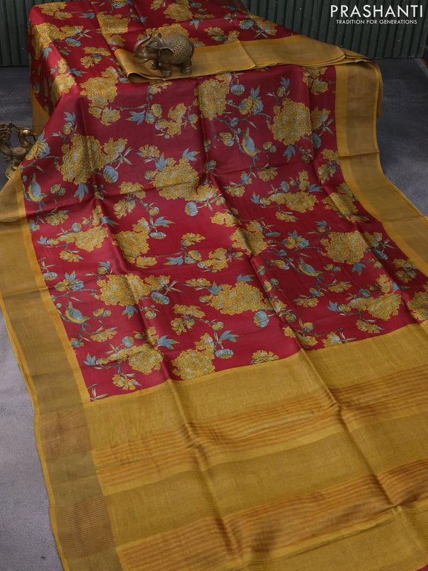 Pure tussar silk saree maroon and mustard yellow with allover kalamkari prints and zari woven border