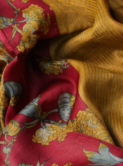 Pure tussar silk saree maroon and mustard yellow with allover kalamkari prints and zari woven border