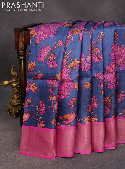 Pure tussar silk saree blue and pink with allover kalamkari prints and zari woven border