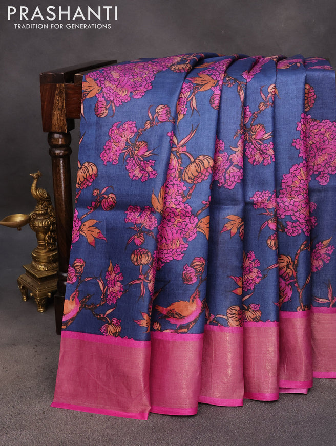 Pure tussar silk saree blue and pink with allover kalamkari prints and zari woven border