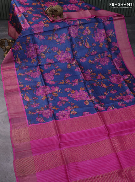 Pure tussar silk saree blue and pink with allover kalamkari prints and zari woven border