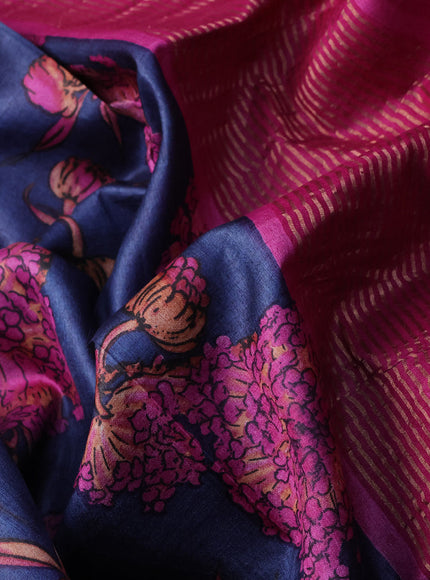 Pure tussar silk saree blue and pink with allover kalamkari prints and zari woven border