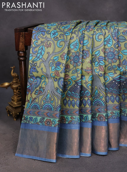 Pure tussar silk saree pastel green and blue with allover kalamkari prints and zari woven border