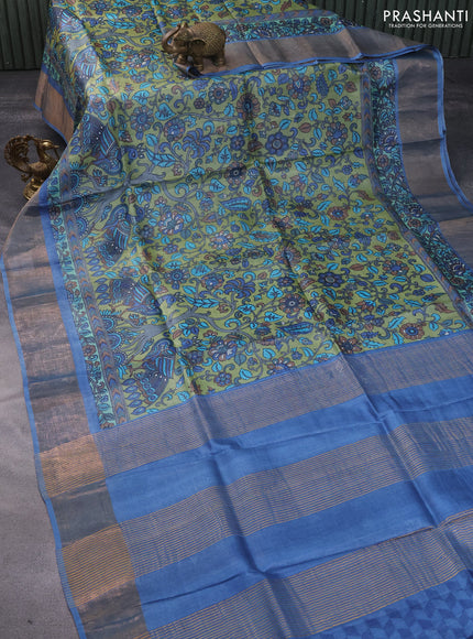 Pure tussar silk saree pastel green and blue with allover kalamkari prints and zari woven border