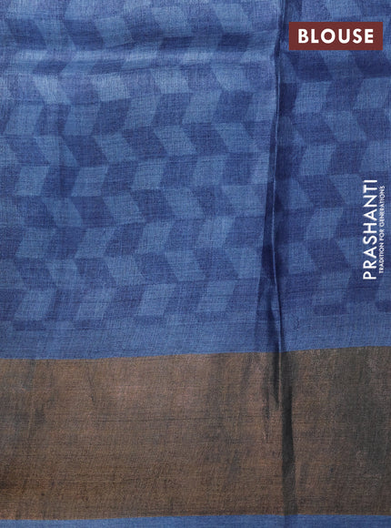 Pure tussar silk saree pastel green and blue with allover kalamkari prints and zari woven border