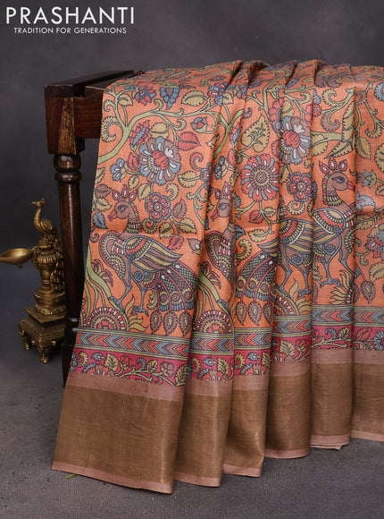 Pure tussar silk saree orange and brown with allover kalamkari prints and zari woven border