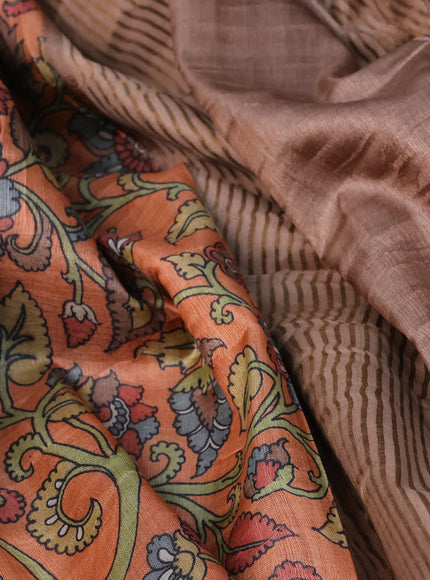 Pure tussar silk saree orange and brown with allover kalamkari prints and zari woven border