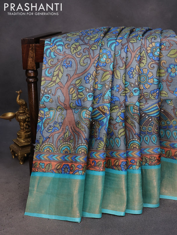 Pure tussar silk saree grey and teal blue with allover kalamkari prints and zari woven border