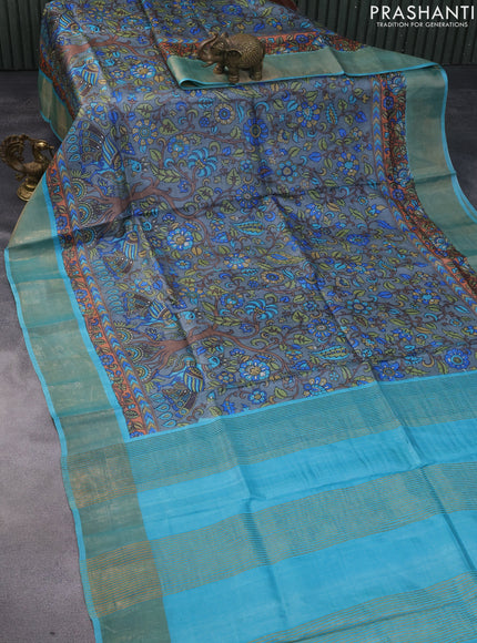 Pure tussar silk saree grey and teal blue with allover kalamkari prints and zari woven border