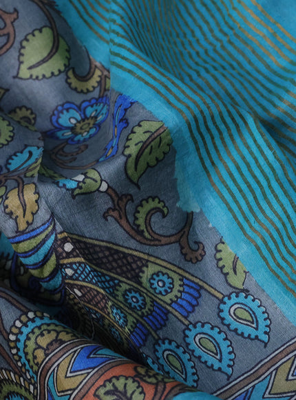 Pure tussar silk saree grey and teal blue with allover kalamkari prints and zari woven border