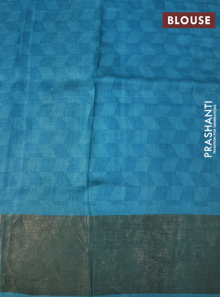 Pure tussar silk saree grey and teal blue with allover kalamkari prints and zari woven border