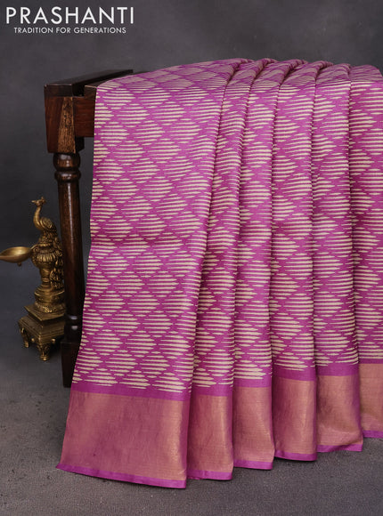 Pure tussar silk saree purple with allover geometric prints and zari woven border