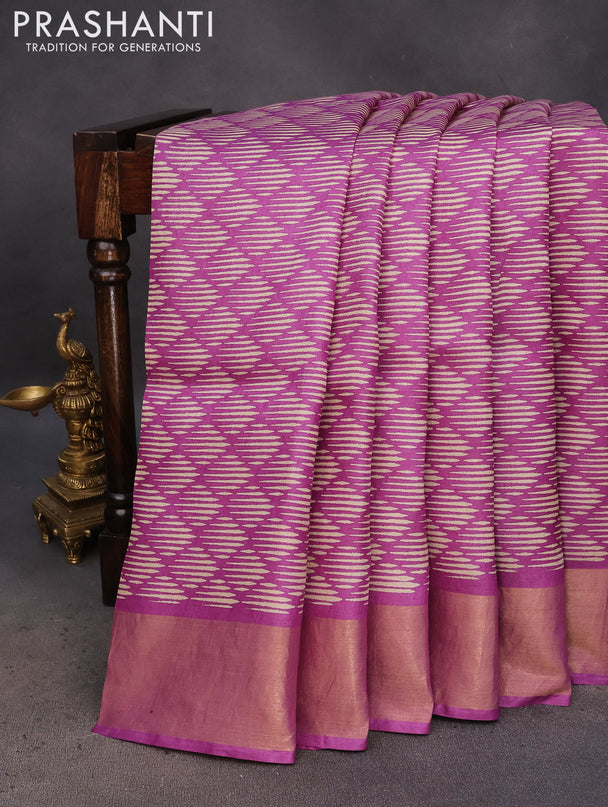 Pure tussar silk saree purple with allover geometric prints and zari woven border