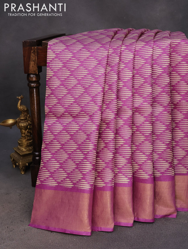 Pure tussar silk saree purple with allover geometric prints and zari woven border