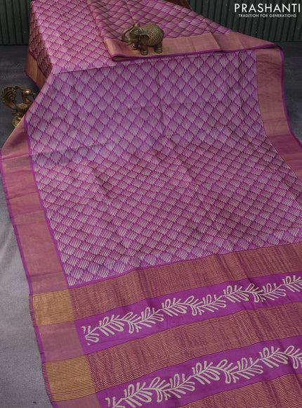 Pure tussar silk saree purple with allover geometric prints and zari woven border