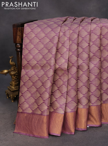 Pure tussar silk saree purple shade with allover geometric prints and zari woven border