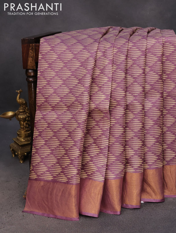 Pure tussar silk saree purple shade with allover geometric prints and zari woven border