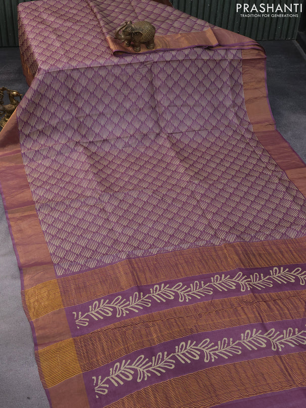 Pure tussar silk saree purple shade with allover geometric prints and zari woven border