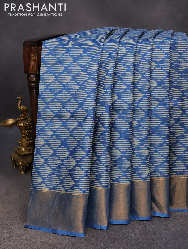 Pure tussar silk saree blue with allover geometric prints and zari woven border