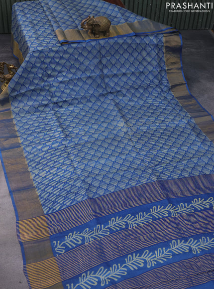 Pure tussar silk saree blue with allover geometric prints and zari woven border