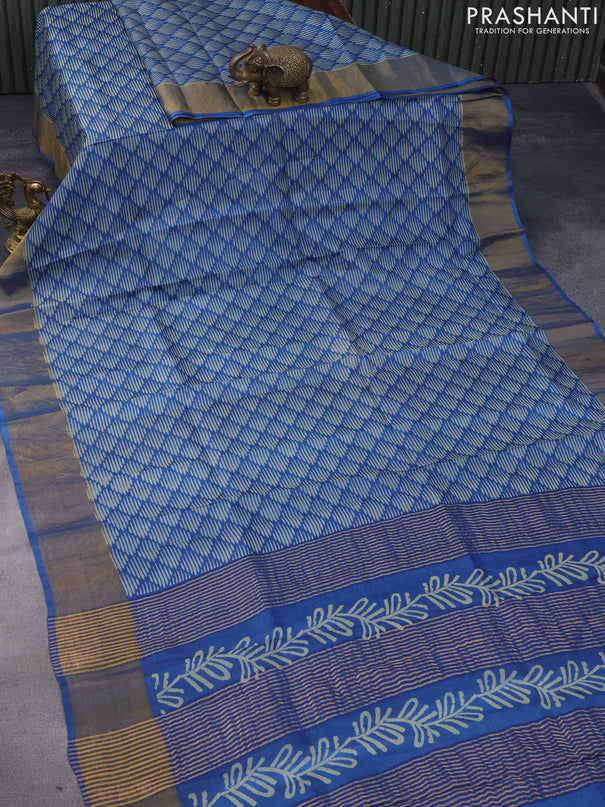 Pure tussar silk saree blue with allover geometric prints and zari woven border