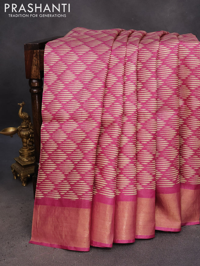 Pure tussar silk saree pink with allover geometric prints and zari woven border