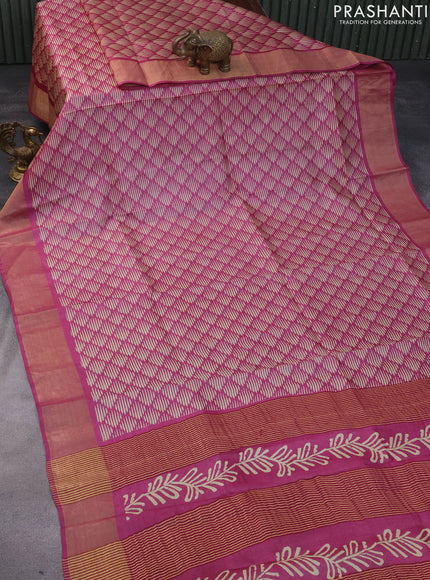 Pure tussar silk saree pink with allover geometric prints and zari woven border