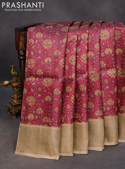 Pure tussar silk saree maroon and beige with allover kalamkari prints and zari woven border