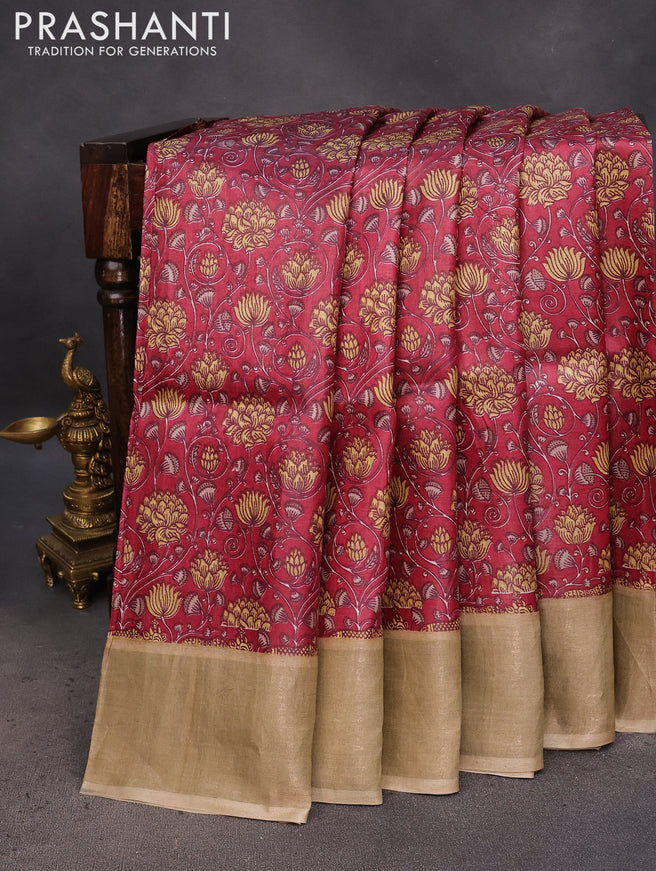 Pure tussar silk saree maroon and beige with allover kalamkari prints and zari woven border