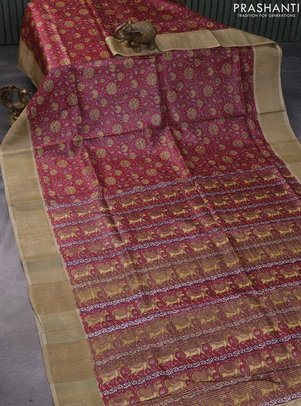 Pure tussar silk saree maroon and beige with allover kalamkari prints and zari woven border