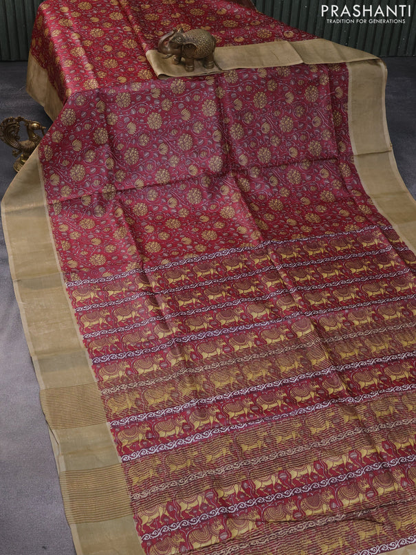 Pure tussar silk saree maroon and beige with allover kalamkari prints and zari woven border