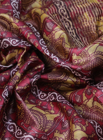 Pure tussar silk saree maroon and beige with allover kalamkari prints and zari woven border