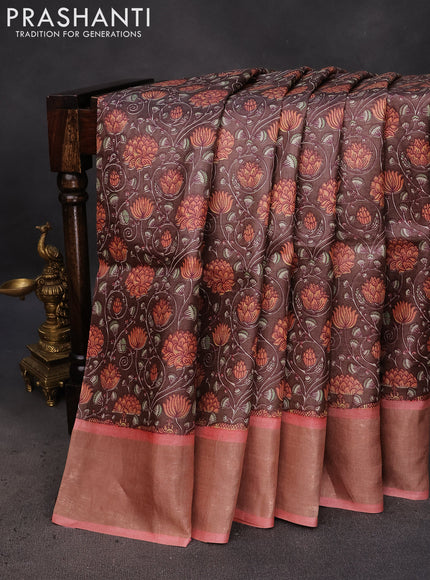 Pure tussar silk saree brown and peach pink with allover kalamkari prints and zari woven border