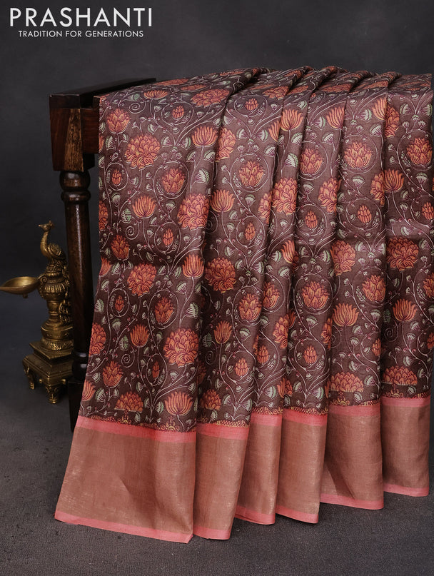 Pure tussar silk saree brown and peach pink with allover kalamkari prints and zari woven border