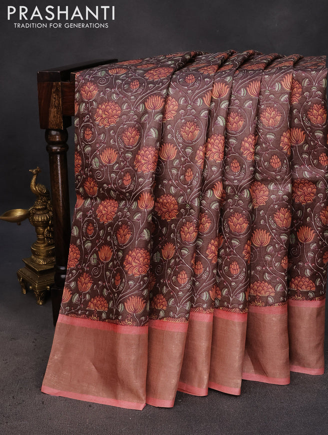 Pure tussar silk saree brown and peach pink with allover kalamkari prints and zari woven border