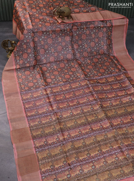 Pure tussar silk saree brown and peach pink with allover kalamkari prints and zari woven border