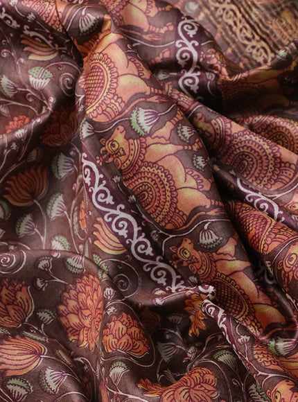 Pure tussar silk saree brown and peach pink with allover kalamkari prints and zari woven border