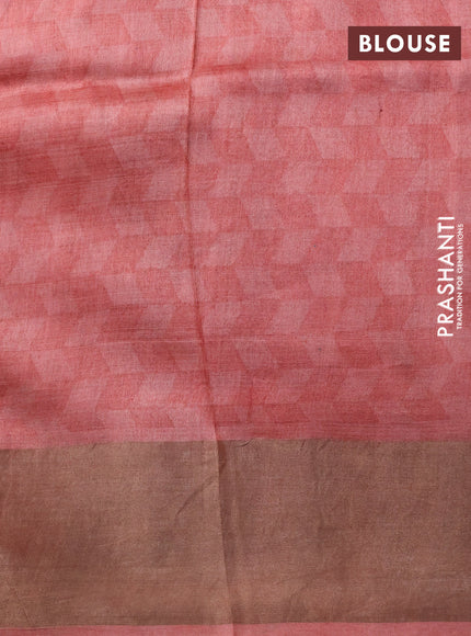 Pure tussar silk saree brown and peach pink with allover kalamkari prints and zari woven border