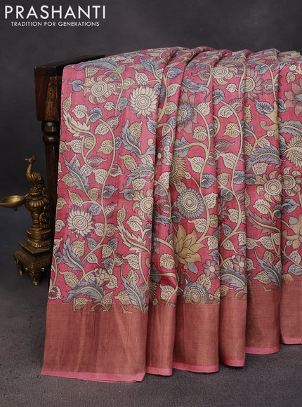 Pure tussar silk saree pink shade with allover kalamkari prints and zari woven border