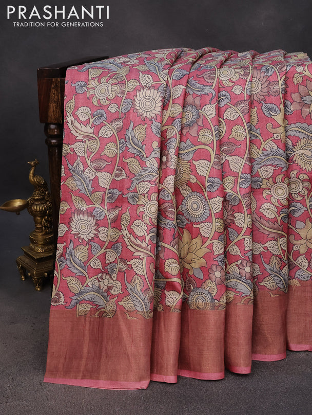 Pure tussar silk saree pink shade with allover kalamkari prints and zari woven border