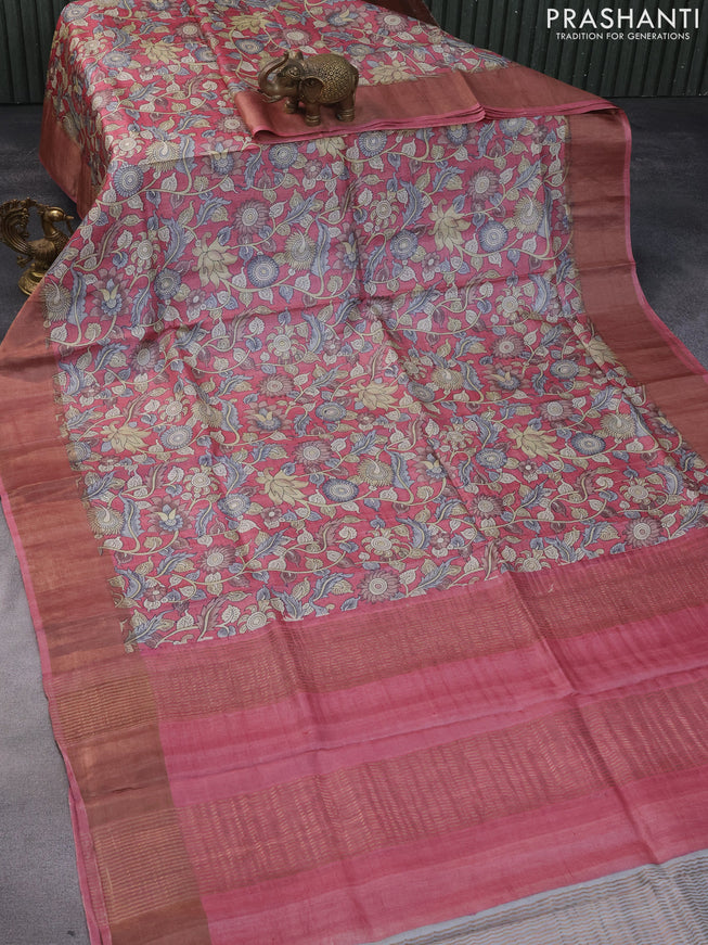 Pure tussar silk saree pink shade with allover kalamkari prints and zari woven border