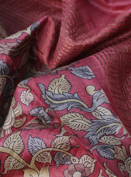 Pure tussar silk saree pink shade with allover kalamkari prints and zari woven border