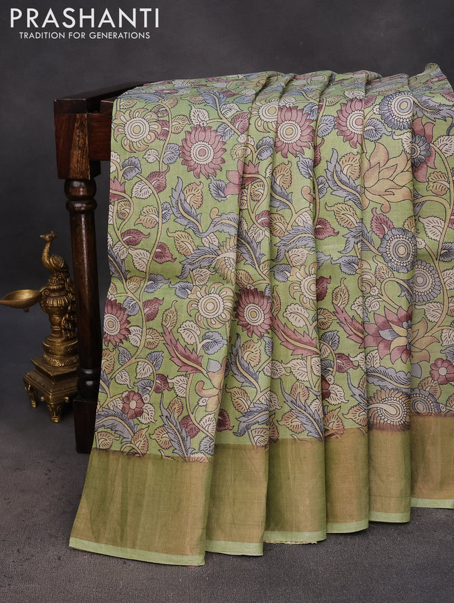 Pure tussar silk saree pista green with allover kalamkari prints and zari woven border