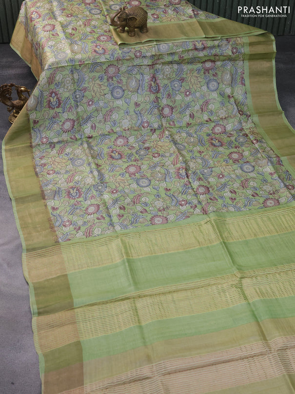 Pure tussar silk saree pista green with allover kalamkari prints and zari woven border