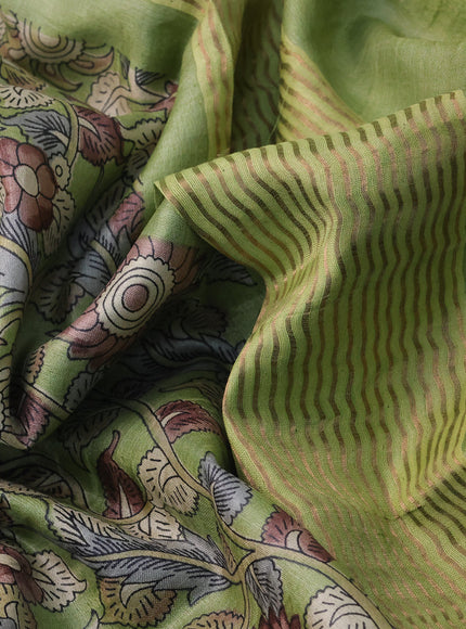 Pure tussar silk saree pista green with allover kalamkari prints and zari woven border