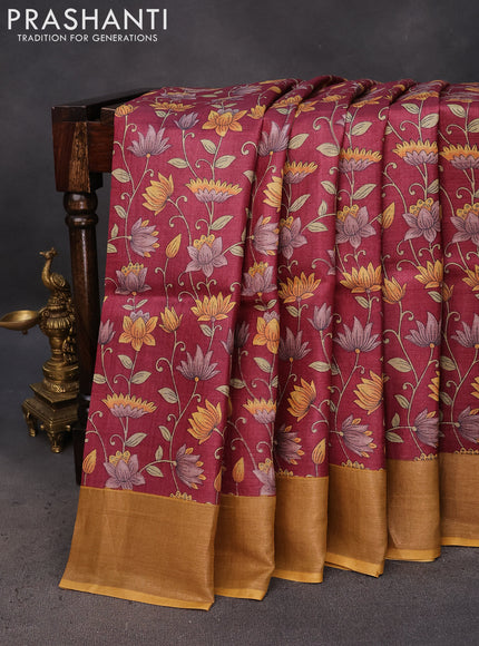 Pure tussar silk saree maroon and mustard yellow with allover kalamkari prints and zari woven border