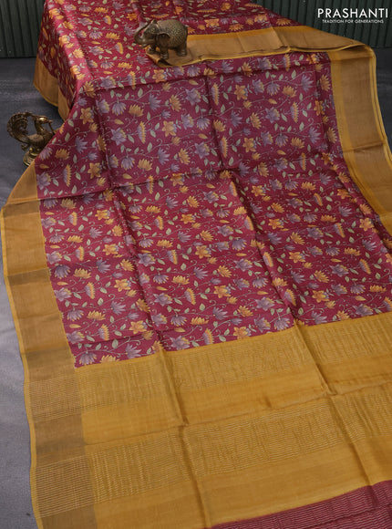 Pure tussar silk saree maroon and mustard yellow with allover kalamkari prints and zari woven border